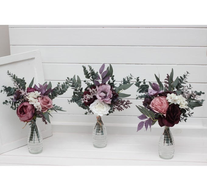 Deep Purple, Lilac & White Table Flowers – Mini Faux Bouquets for Wedding Decor