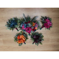 Single color bridesmaid bouquet for jewel-tone wedding. Emerald green orange magenta teal flowers.  Wedding flowers. 5187