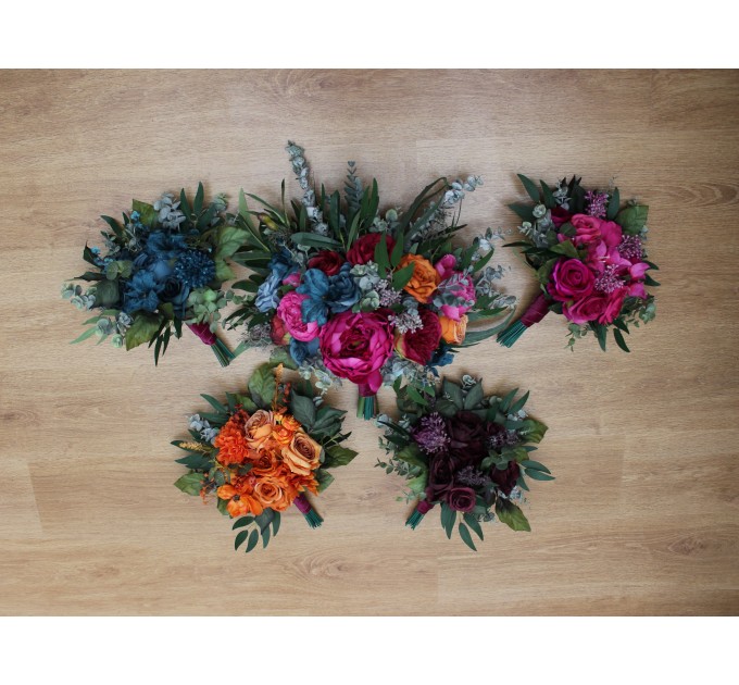 Jewel-Tone Bridesmaid Bouquet – Emerald, Orange, Magenta & Teal Wedding Flowers