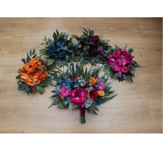 Jewel-Tone Bridesmaid Bouquet – Emerald, Orange, Magenta & Teal Wedding Flowers