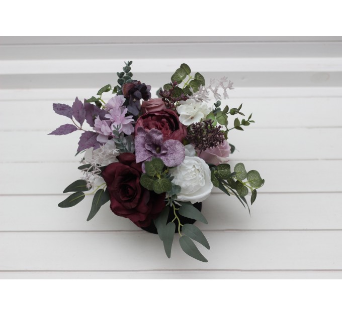Deep Purple, Lilac & White Centerpiece – Faux Wedding Flowers in Hat Box