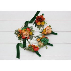  Wedding boutonnieres and wrist corsage  in orange green color scheme. Flower accessories.5337