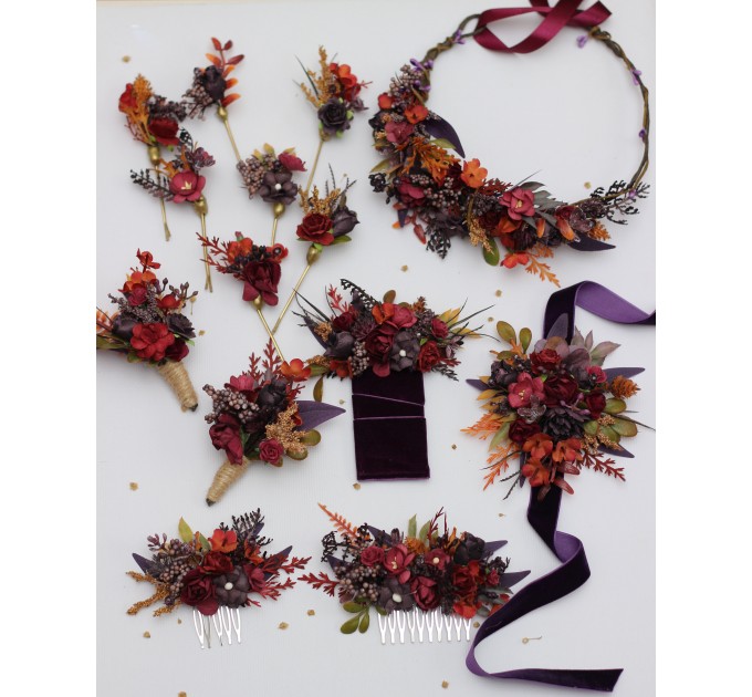 Burgundy, Purple & Rust Hair Pins – Set of 7 Faux Floral Wedding Accessories