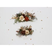 Flower combs in vintage rustic style. Earth brown rust cream ivory gold with deep green and black. Bridal hair comb. Wedding floral accessories. 5433