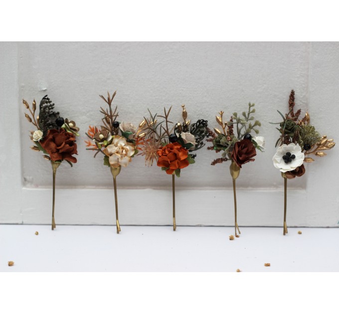 Vintage Rustic Hair Pins – Set of 5 Earthy Faux Floral Bridal Bobby Pins