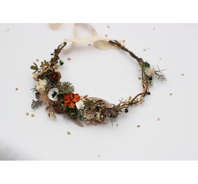 Vintage Rustic Flower Crown – Earthy Faux Floral Bridal Hair Wreath