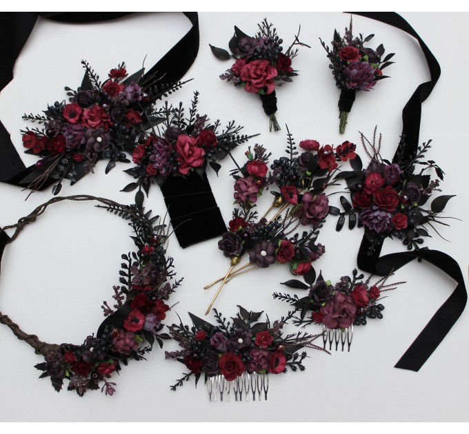 Purple, Burgundy & Black Hair Pins – Gothic Wedding Floral Hair Accessories Set