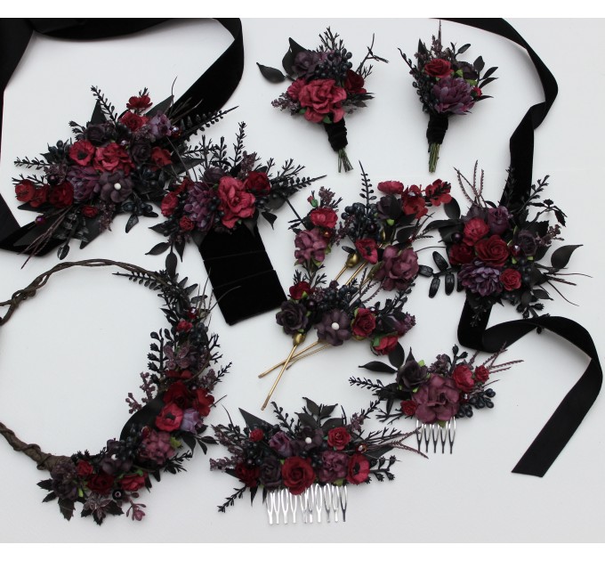 Purple, Burgundy & Black Flower Combs – Gothic Wedding Hair Accessories