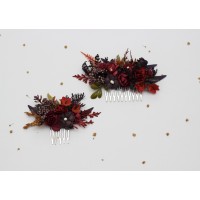 Flower combs in burgundy, purple and rust color scheme. Wedding hair accessories for hair. 5434