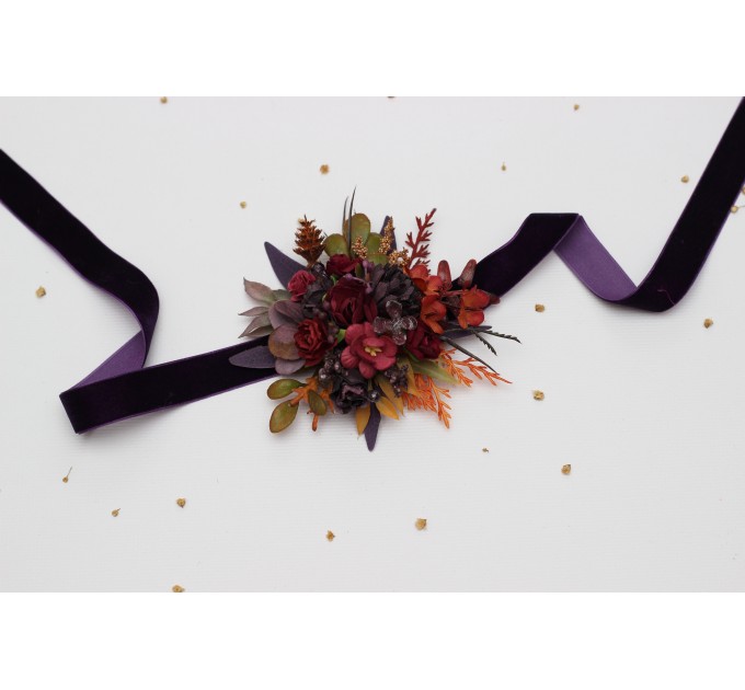 Burgundy, Purple & Rust Wrist Corsage – Faux Floral Wedding Bracelet