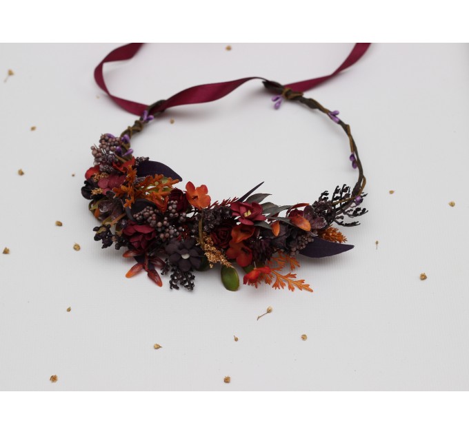 Burgundy, Purple & Rust Flower Crown – Faux Floral Wedding Hair Wreath