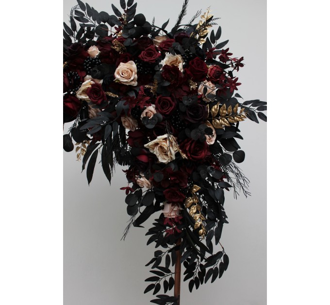 Flower Arch Arrangement in Burgundy, Black, Gold & Beige | Faux Floral Archway for Halloween Wedding