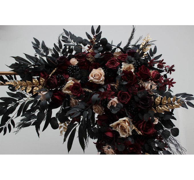 Flower Arch Arrangement in Burgundy, Black, Gold & Beige | Faux Floral Archway for Halloween Wedding