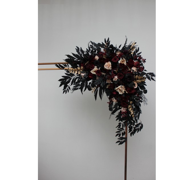 Flower Arch Arrangement in Burgundy, Black, Gold & Beige | Faux Floral Archway for Halloween Wedding