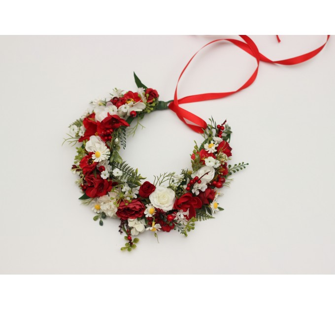Red & White Floral Crown – Folk Wildflower Hair Wreath for Wedding