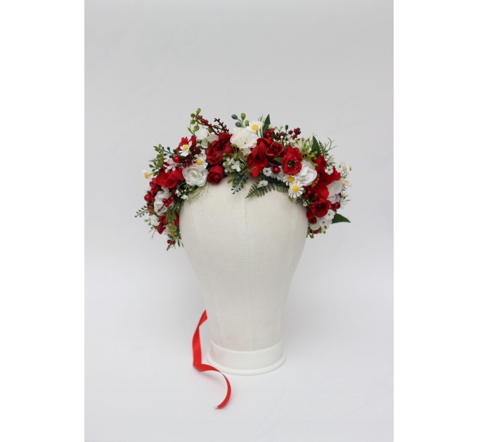 Red & White Floral Crown – Folk Wildflower Hair Wreath for Wedding