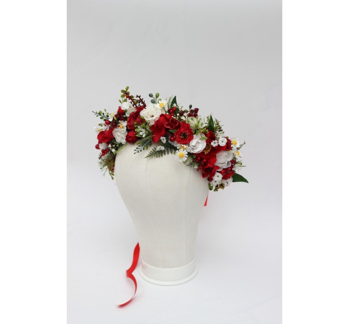 Red & White Floral Crown – Folk Wildflower Hair Wreath for Wedding