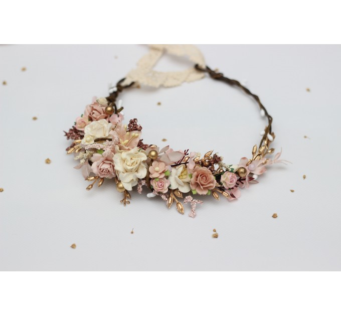 Blush Pink, Cream & Gold Flower Crown – Vintage Boho Wedding Hair Wreath