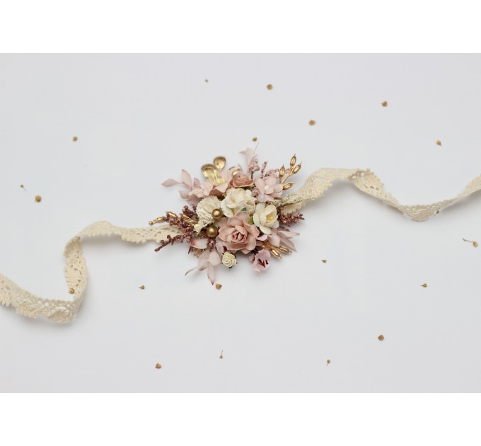 Blush Pink, Cream & Gold Wrist Corsage – Vintage Boho Floral Bracelet