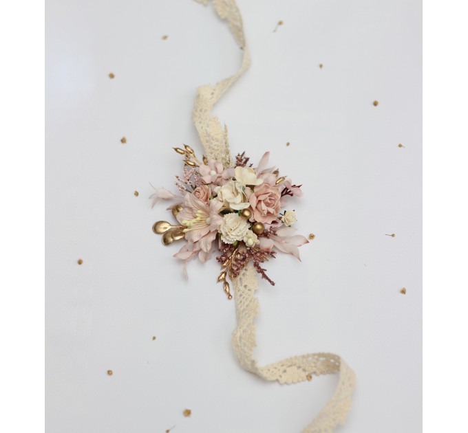 Blush Pink, Cream & Gold Wrist Corsage – Vintage Boho Floral Bracelet
