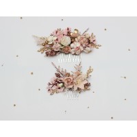 Flower comb in vintage boho style in blush pink, cream and gold color scheme. Wedding accessories for hair. Bridal Bridesmaid floral comb. 5436
