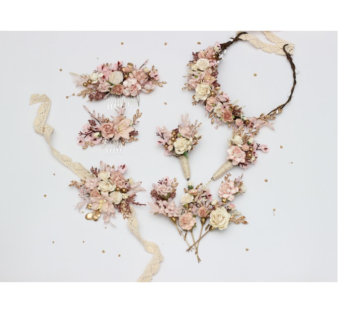 Blush Pink, Cream & Gold Wrist Corsage – Vintage Boho Floral Bracelet