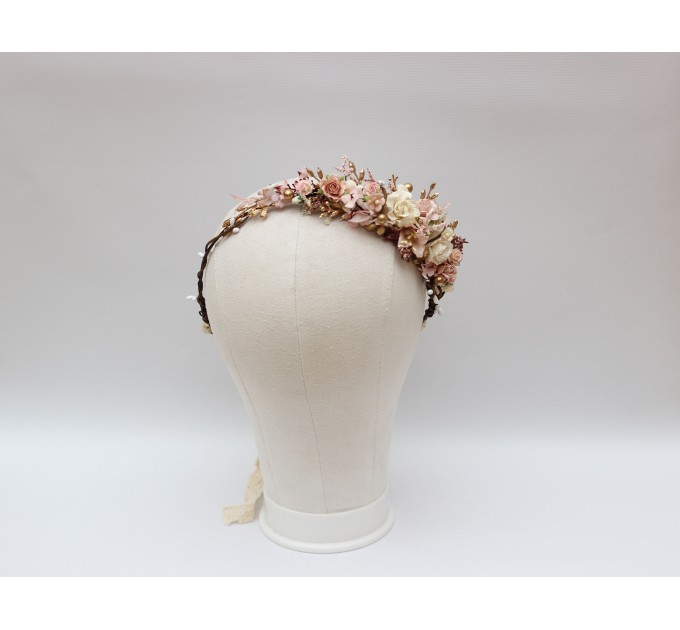 Blush Pink, Cream & Gold Flower Crown – Vintage Boho Wedding Hair Wreath