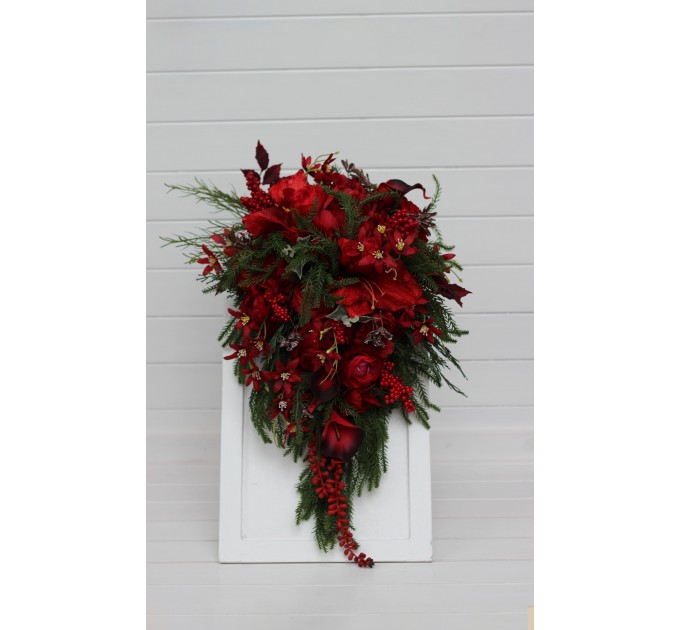 Winter Cascading Bridal Bouquet – Red Flowers & Pine Branches Faux Arrangement
