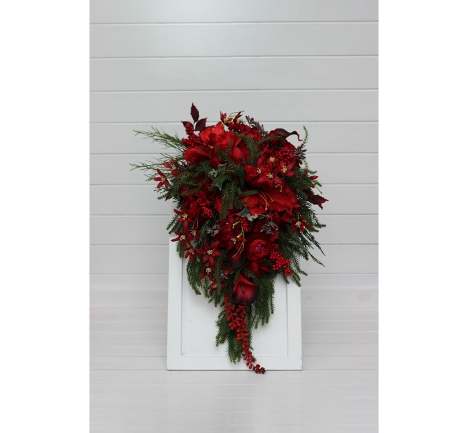 Winter Cascading Bridal Bouquet – Red Flowers & Pine Branches Faux Arrangement