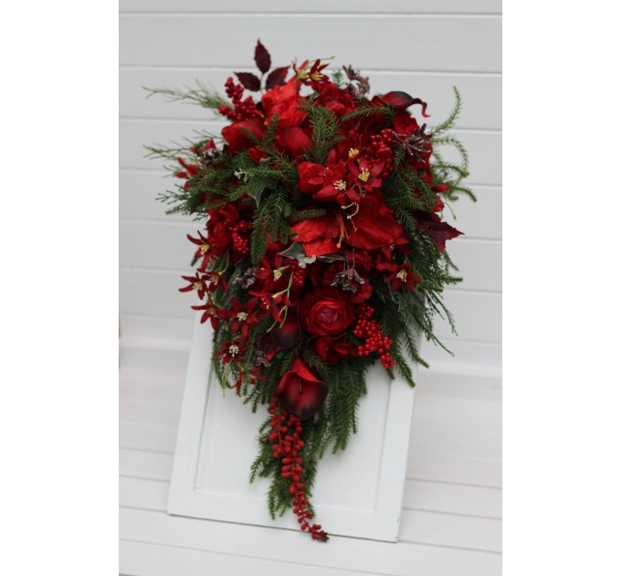 Winter Cascading Bridal Bouquet – Red Flowers & Pine Branches Faux Arrangement