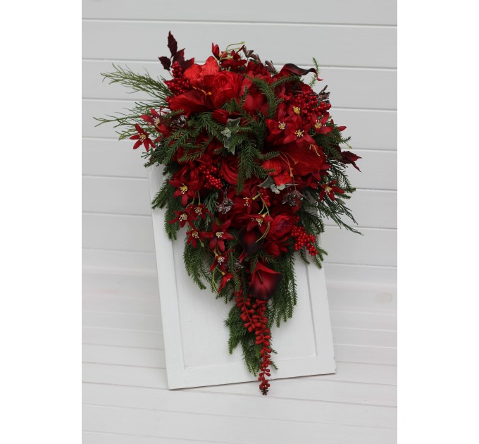 Winter Cascading Bridal Bouquet – Red Flowers & Pine Branches Faux Arrangement