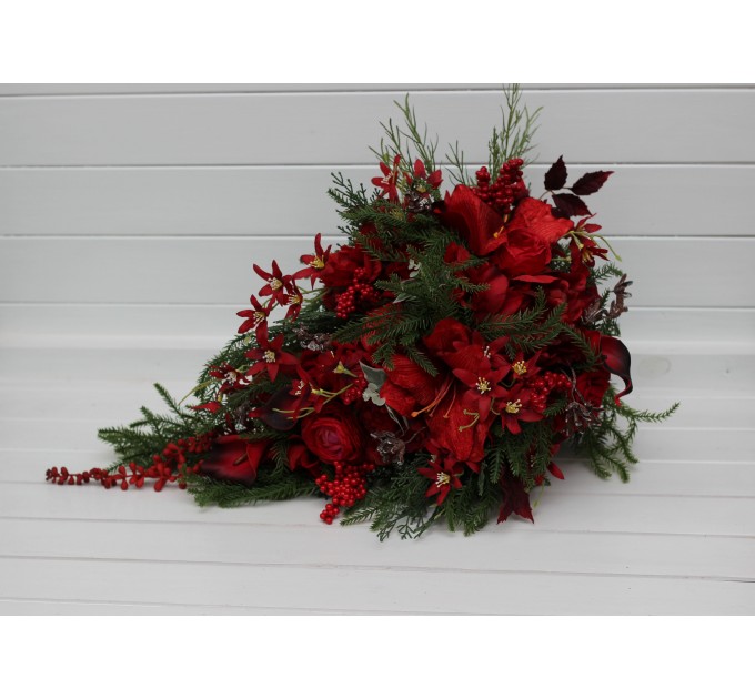 Winter Cascading Bridal Bouquet – Red Flowers & Pine Branches Faux Arrangement