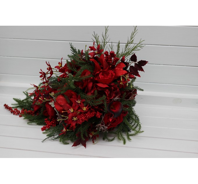Winter Cascading Bridal Bouquet – Red Flowers & Pine Branches Faux Arrangement