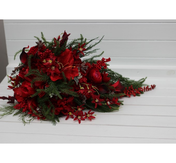 Winter Cascading Bridal Bouquet – Red Flowers & Pine Branches Faux Arrangement