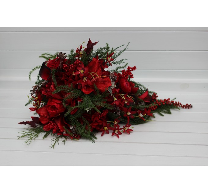 Winter Cascading Bridal Bouquet – Red Flowers & Pine Branches Faux Arrangement