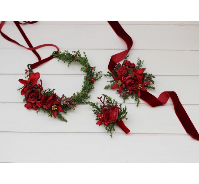 Winter Pine Flower Crown – Red & Green Christmas Hair Wreath
