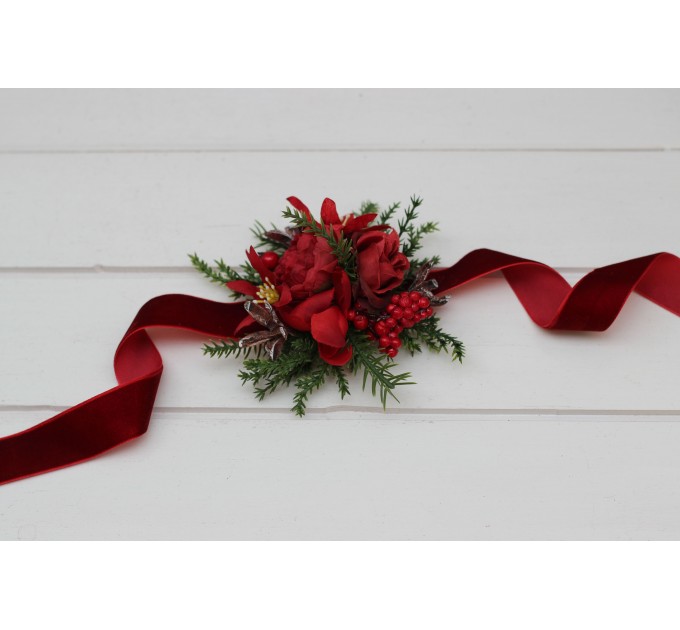 Red & Green Winter Wrist Corsage – Christmas Faux Floral Bracelet