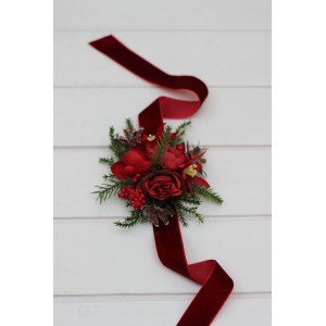  Wedding winter wrist corsage  in red and green color scheme. Christmas flower accessories. 5438
