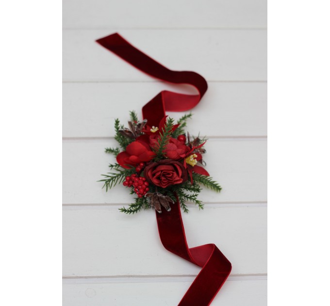 Red & Green Winter Wrist Corsage – Christmas Faux Floral Bracelet