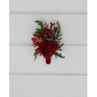  Winter wedding boutonniere in red and green color scheme. Men flower accessories. Christmas flowers. 5438