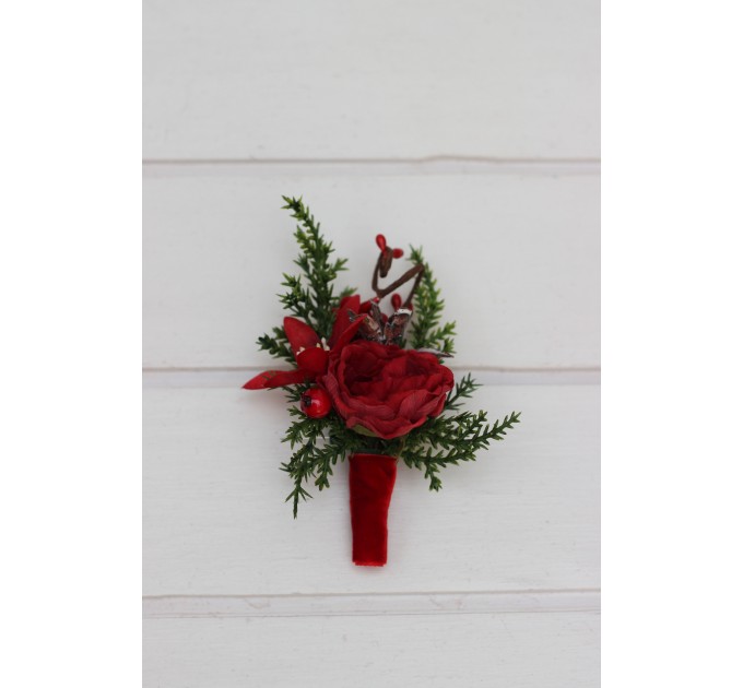 Red & Green Winter Wedding Boutonniere – Christmas Faux Floral Accessory