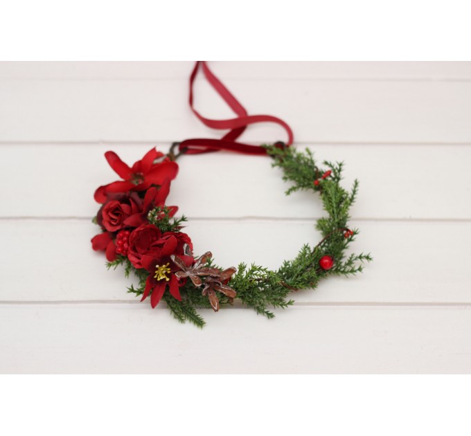 Winter Pine Flower Crown – Red & Green Christmas Hair Wreath
