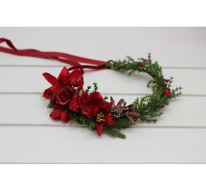 Winter Pine Flower Crown – Red & Green Christmas Hair Wreath