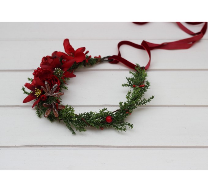 Winter Pine Flower Crown – Red & Green Christmas Hair Wreath