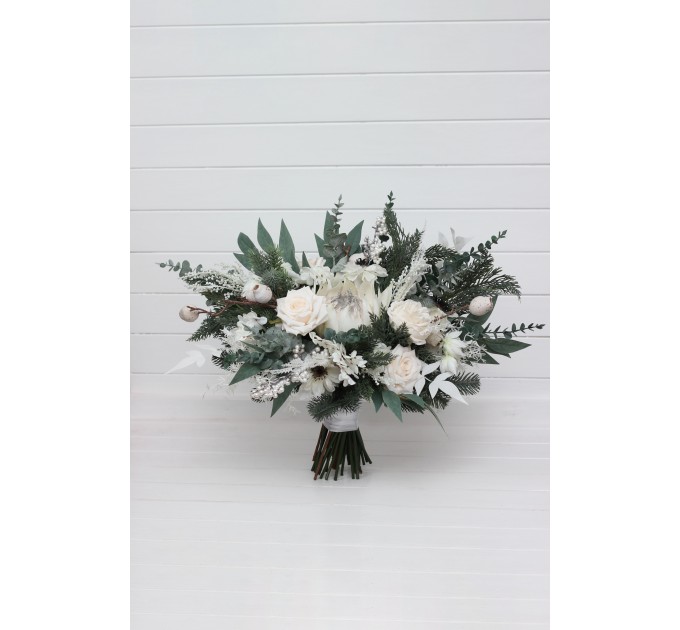 Winter Protea Bridal Bouquet – White & Sage Green Faux Wedding Flowers