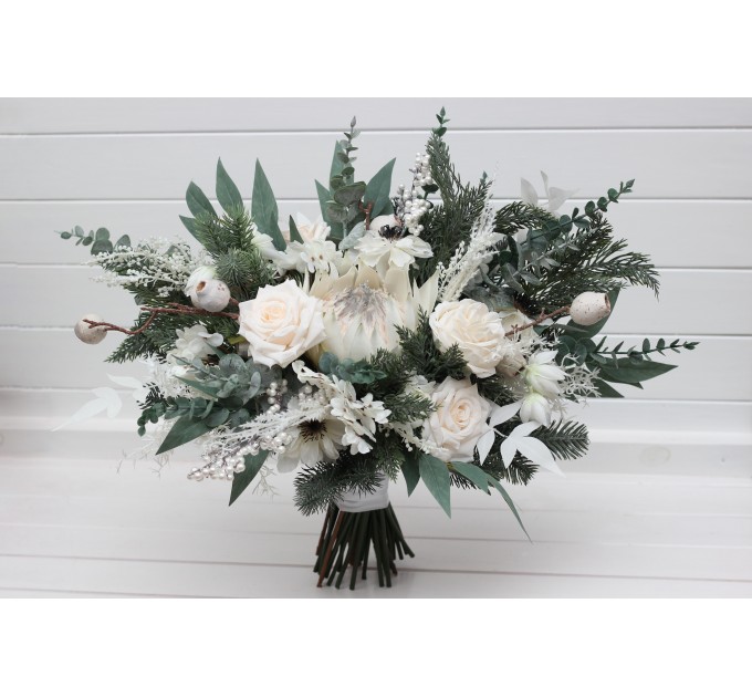 Winter Protea Bridal Bouquet – White & Sage Green Faux Wedding Flowers