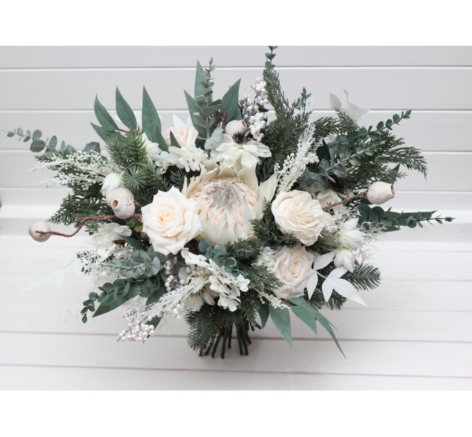 Winter Protea Bridal Bouquet – White & Sage Green Faux Wedding Flowers
