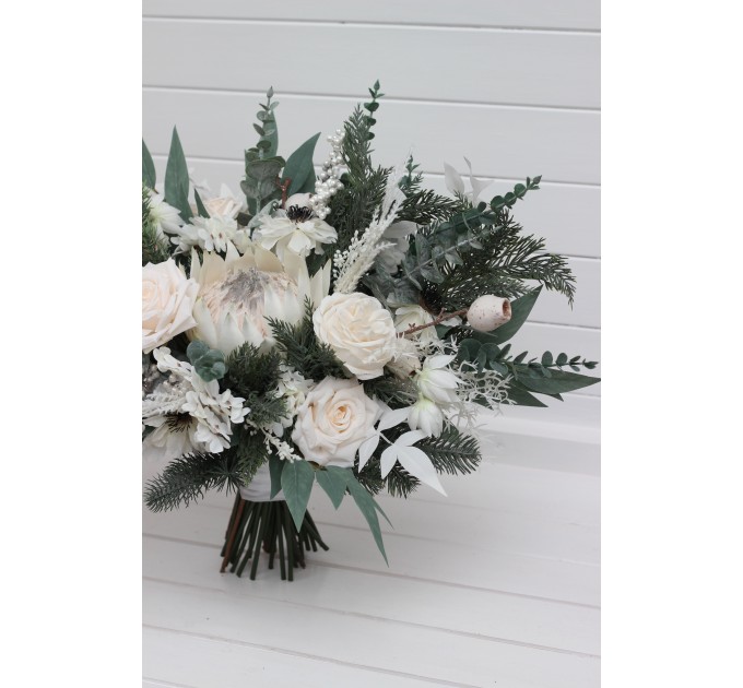 Winter Protea Bridal Bouquet – White & Sage Green Faux Wedding Flowers