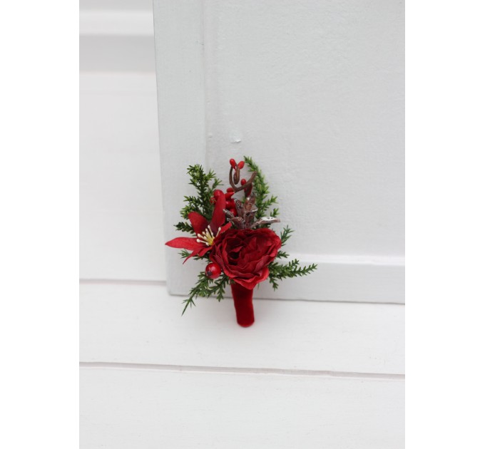 Red & Green Winter Wedding Boutonniere – Christmas Faux Floral Accessory