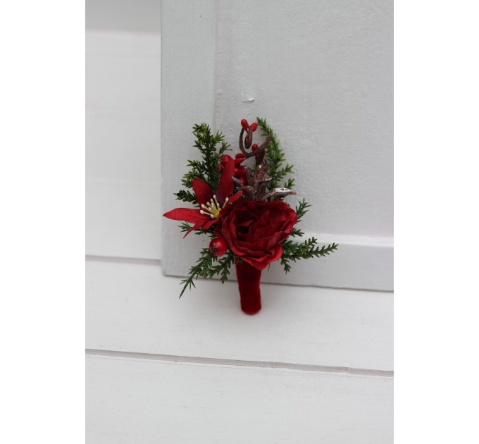 Red & Green Winter Wedding Boutonniere – Christmas Faux Floral Accessory
